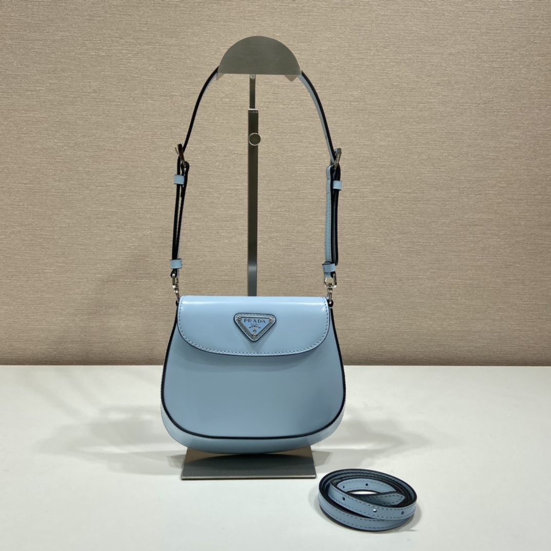 Prada Cleo Brushed Leather Shoulder Bag With Flap Light Blue 1BH188